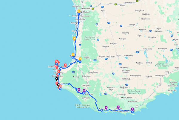 Perth to Albany coastal road trip map