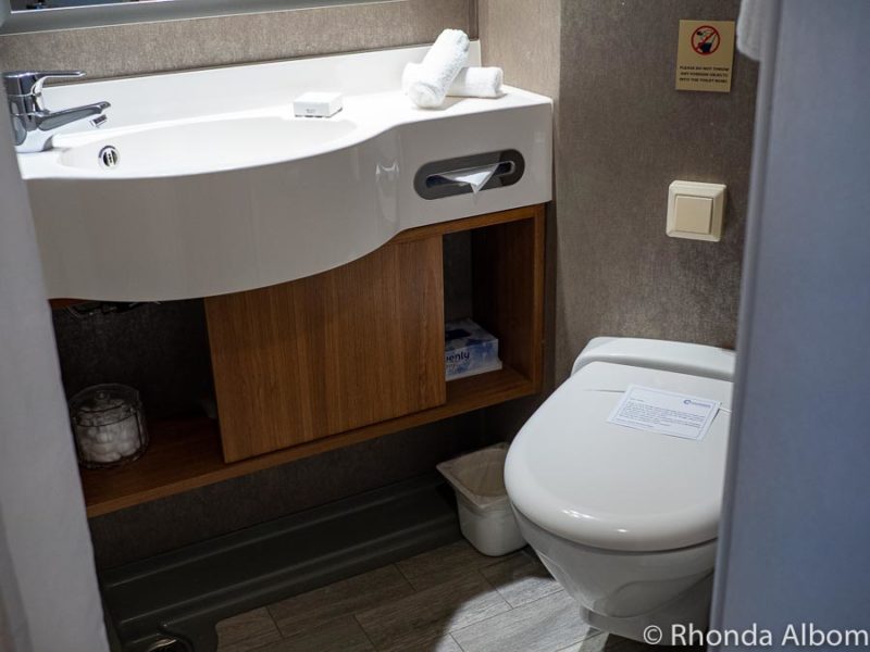 Stateroom bathroom on the Azamara Quest seemed too small after the lactose and gluten free cruise failure left me in here for hours.