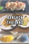 Shrimps with pomelo stir fry, pad thai, and sticky rice with mango are some of the dishes you can find when eating in Bangkok, Thailand.
