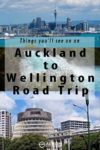 Auckand skyline, Huka Falls, and the parliament beehive building in New Zealand