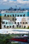 Scenes of the Auckland skyline, Huka Falls, the Tui brewery, and the Wellington funicular car in New Zealand