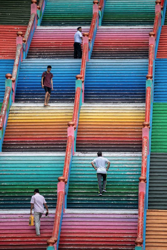 Batu caves staircase have been painted in a rainbow of colours. 