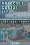 View of the pool deck with large outdoor movie screen on a Princess cruise ship.
