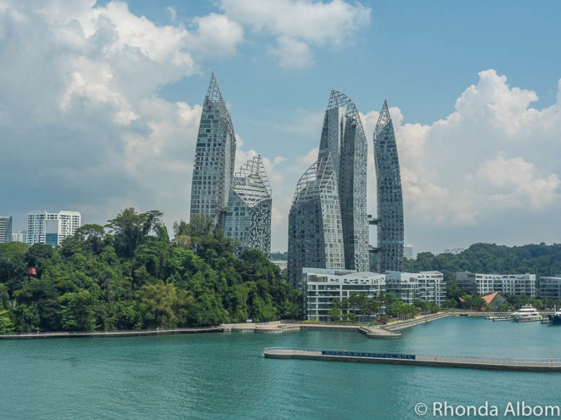 Modern skyscrappers in Singapore city seen as we sail on a cruise ship