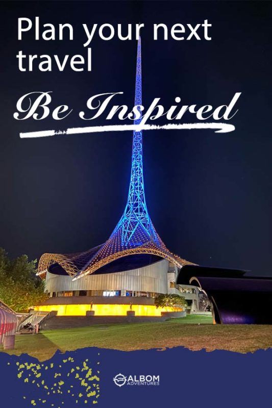 Spire at night over State Theatre of Melbourne in Australia, our next travel destination