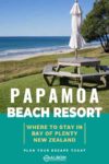 A view of the beach past a shared picnic table at Papamoa Beach Resort in the Bay of Plenty New Zealand