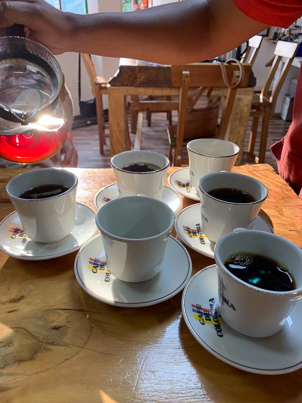 Coffee cups on a table at a coffee tasting in Salento, Colombia