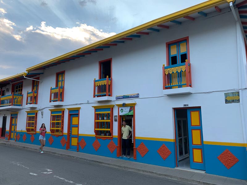 Colorful buildings on a street in Jardin Colombia