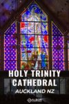 A view of the large front entrance stained glass window at Auckland's Holy Trinity Cathedral
