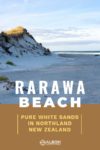 View of white sand dunes, beach and Pacific ocean from Rarawa Beach in Northland New Zealand
