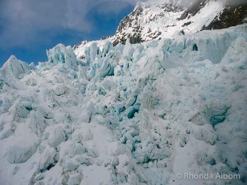 A closer look at some of the blue glacial ice on Fox Glacier, new zealand