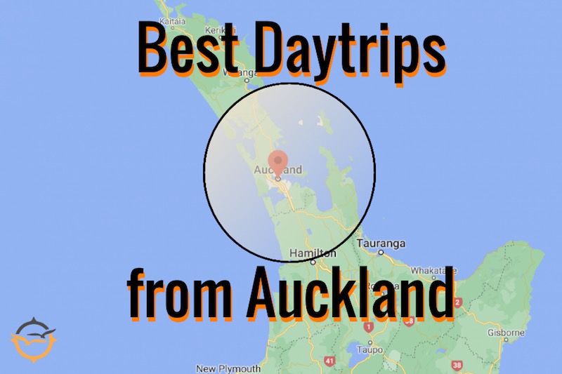 Map of the North Island of New Zealand highlighting Auckland day trips within 2 hours