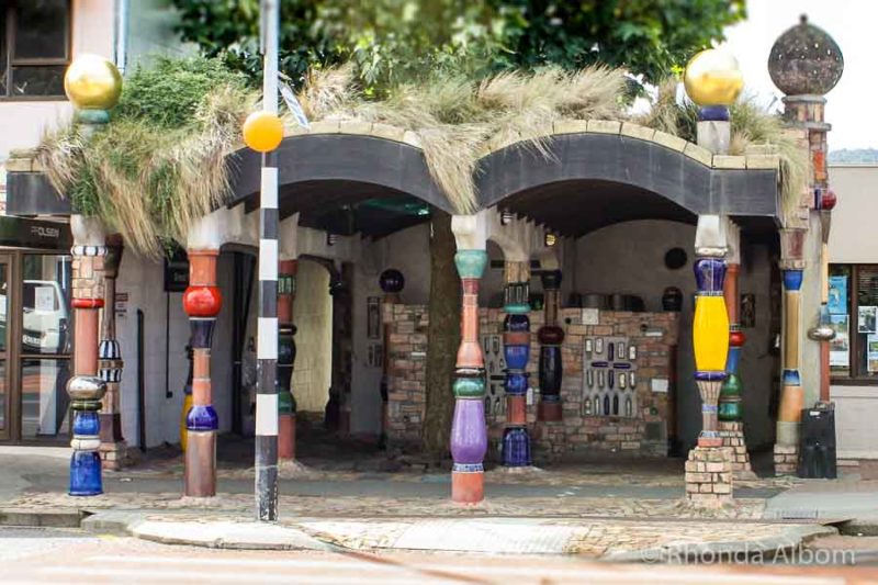 3 NZ Hundertwasser Wonders: Art Centre, Toilets, Pavilion 12 Hundertwasser Toilets seen from the street in Kawakawa New Zealndd