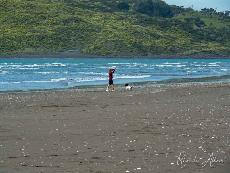 17 Things to Do in Raglan: Unleash Your Adventurous Spirit 4 A boy walking is dog on Wainamu Beach in Raglan, New Zealand