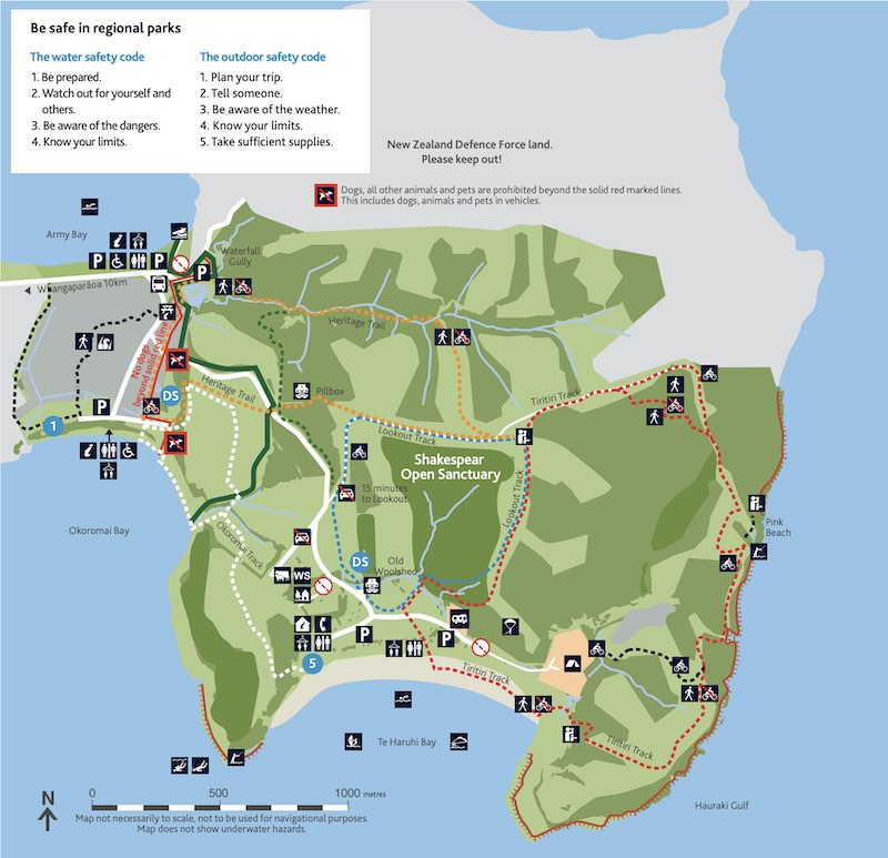 WWII Ship Degaussing Station in Shakespear Park, Auckland NZ 4 Shakespear Park map including trails, but missing the ship degaussing station which sits south of Pink Beach