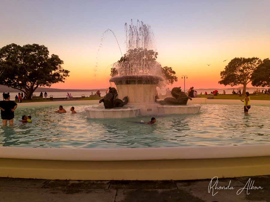 Memorial Fountain in Mission Bay Auckland at sunset