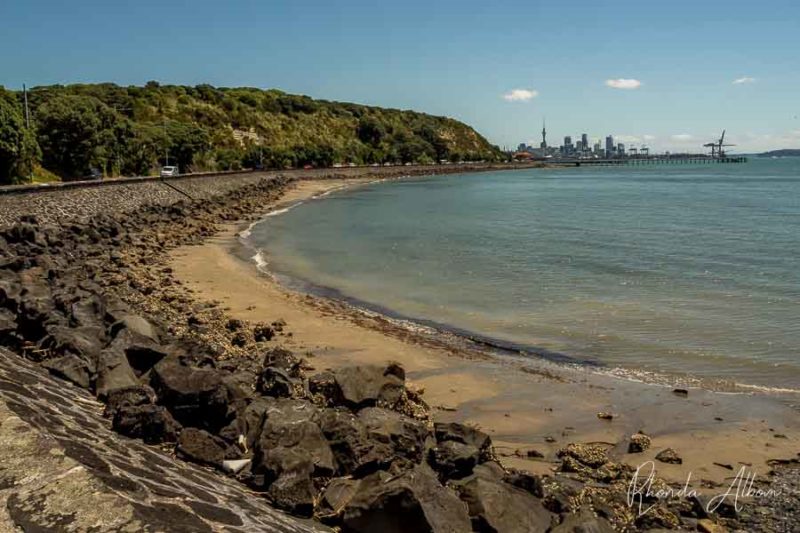 View of rocky coast along Tamaki Drive in Auckland