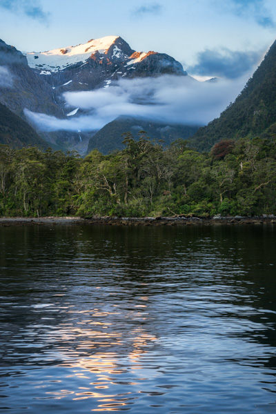 An Epic Overnight Milford Sound Cruise - Spectacular Photo Opportunities 9 Mountain and glacier reflected in the water at sunset in beautiful Harrison Cove at Milford Sound, Fiordland National Park, New Zealand South Island.