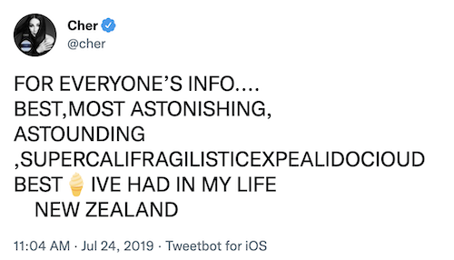 Cher's tweet about Giapo ice cream in Auckland New Zealand