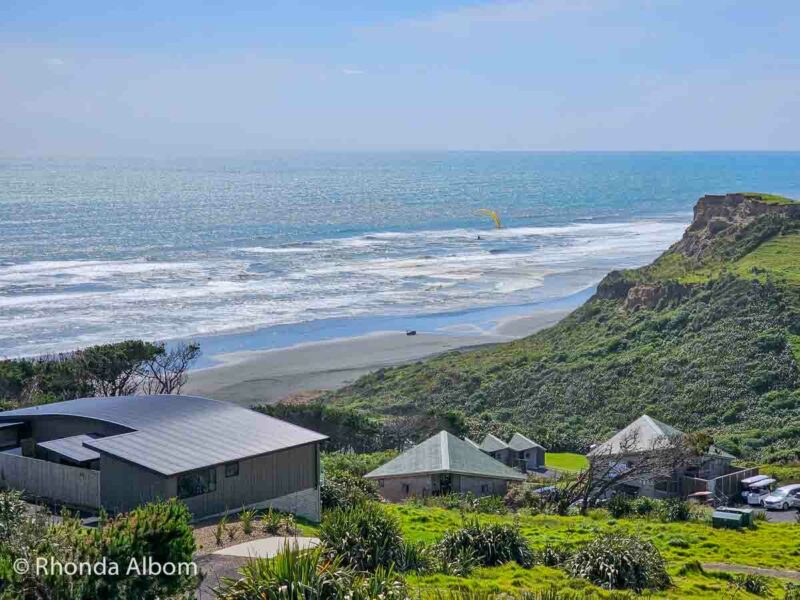 View from our chalet at Castaways Resort, Karioitahi Beach, near Waiuku
