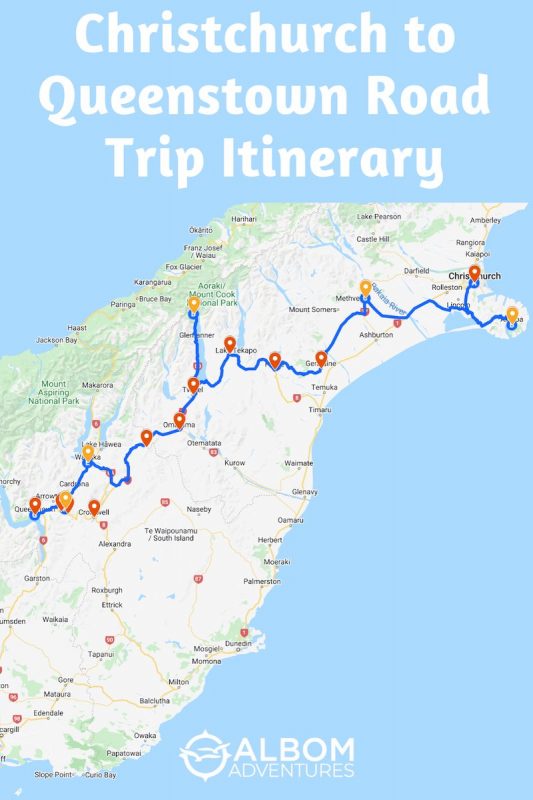Christchurch to Queenstown road trip map