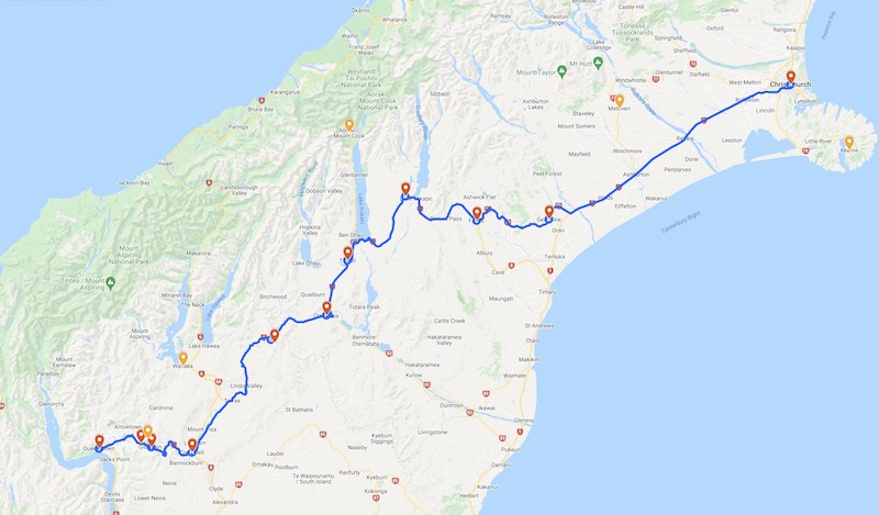 Map of the most direct route for a Christchurch to Queenstown road trip
