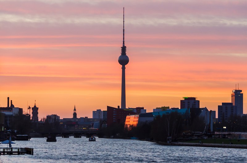 TV Tower in Berlin, Germany, at night view from oberbaum bridge