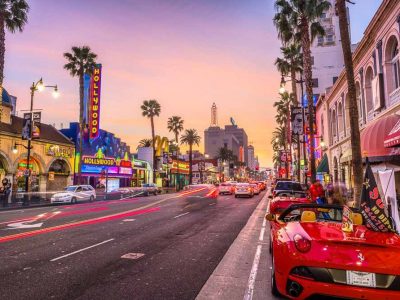 Hollywood Blvd attractions at dusk