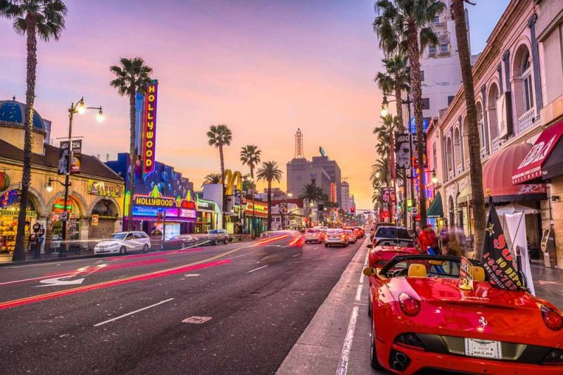 Hollywood Blvd attractions at dusk