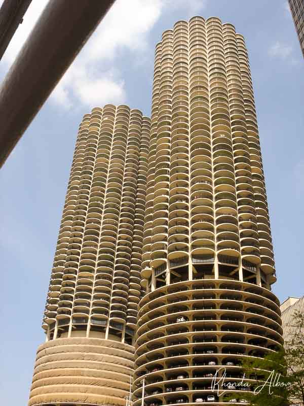 The two round towers of Marina City as seen from a Chicago architecture river cruise