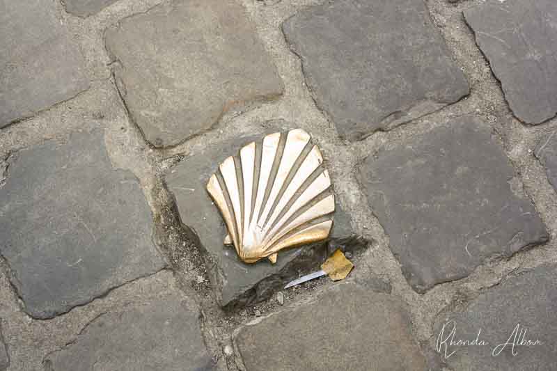 a scallop shaped path marker for Camino de Santiago