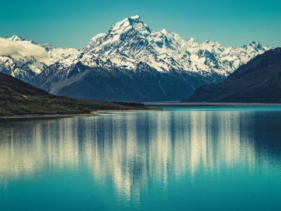 A stunning view of Mount Cook landscape reflected on Lake Pukaki.