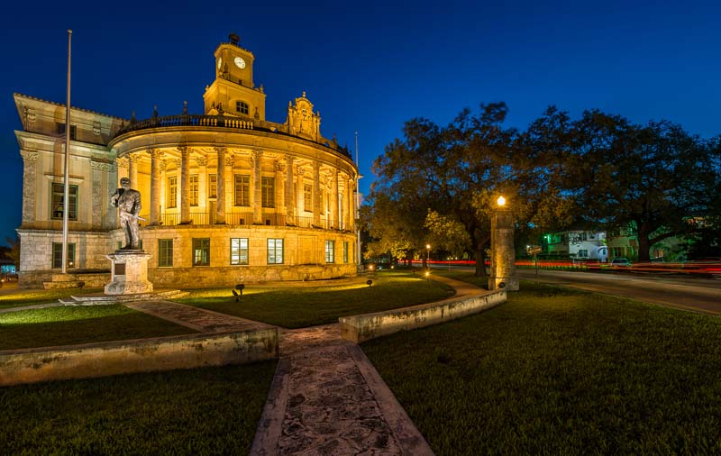 Night view of the Coral Gables City Hall in Miracle Mile
