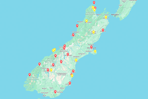Things to do on South Island NZ map