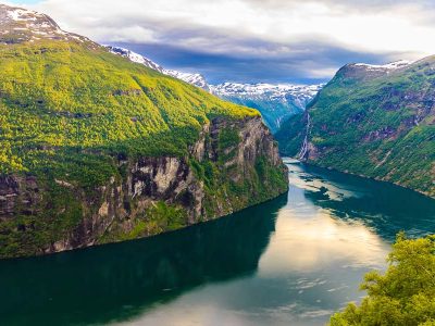 Geirangerfjord in Norway from the Flydalsjuvet viewpoint, one of the world's most beautiful fjords