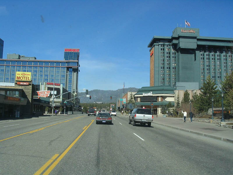 South Lake Tahoe main rode driving towards the casinos in Nevada.