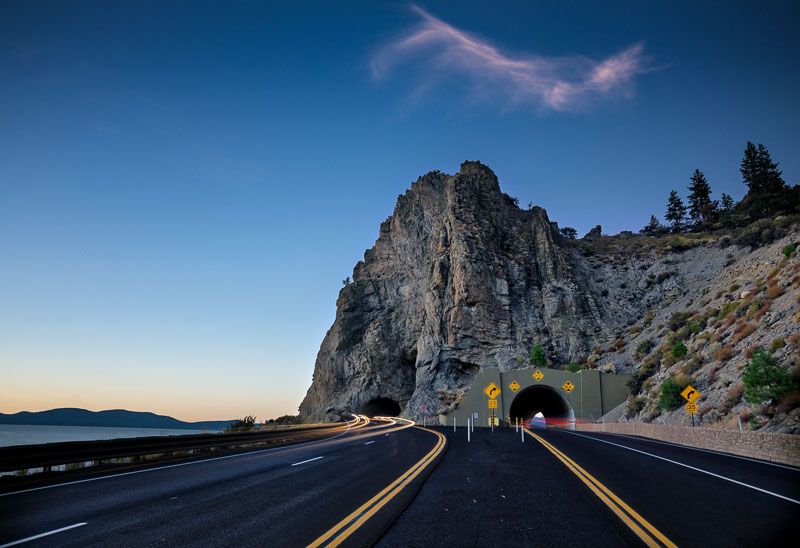 Road leading to tunnel in Cave Rock, in Lake Tahoe.