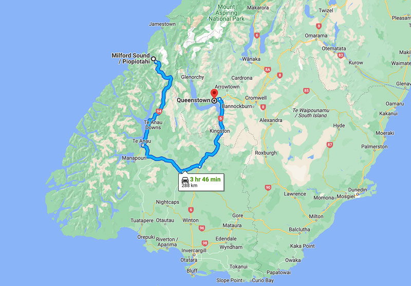 Queenstown to Milford Sound map