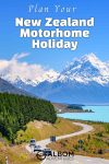 Notorhome and cars on the road around Lake Pukaki with views of Mount Cook in New Zealand