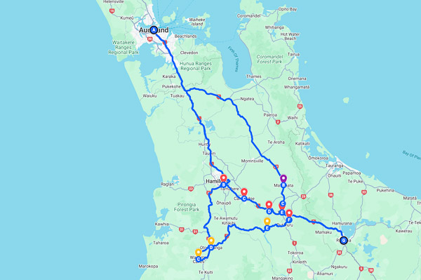 Auckland to Rotorua road trip NZ map