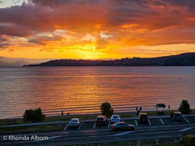 Sunset from our deck at Baycrest Thermal Lodge in Taupo