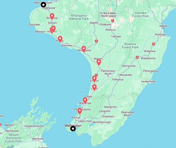 Wellington to New Plymouth map