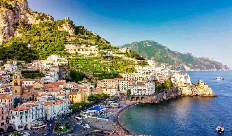 Amazing aerial view of Amalfi coastline in summer season, enjoyed while on a European yacht charter