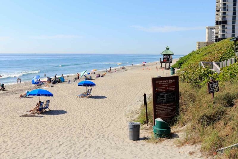 Boca Raton beach in Florida on a sunny day with lifeguard tower in the background