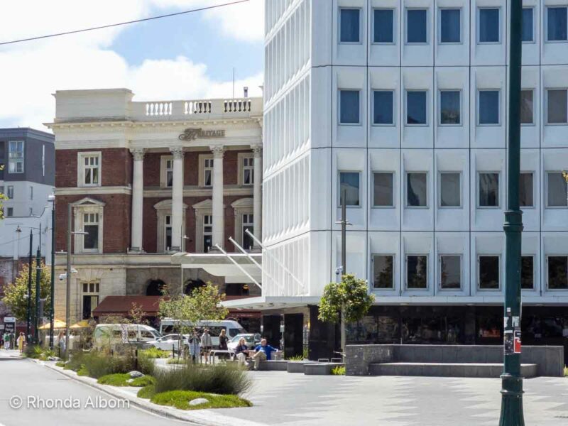 The Heritage Hotel in Christchurch is behind the white building