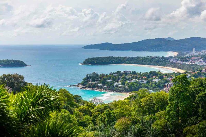 Kalim hike view of Kata, Karon and Patong beaches on the Andaman sea, one of the scenic hikes in Phuket Thailand