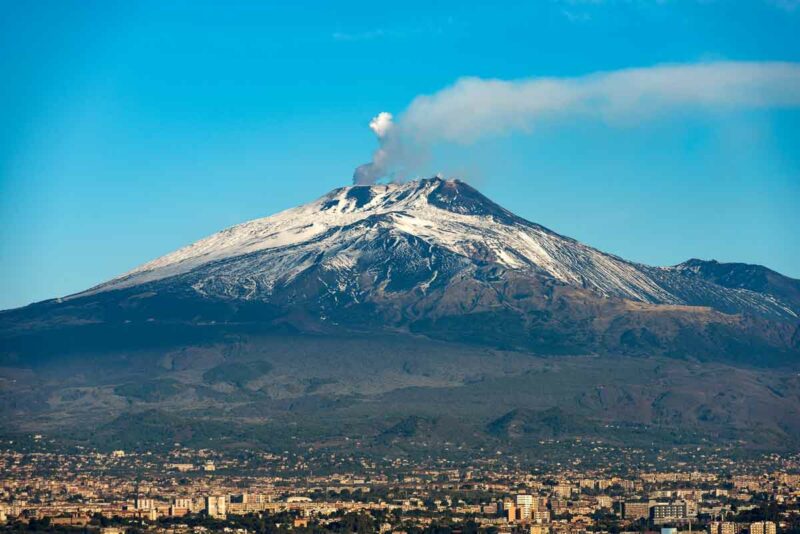 A view of Mount Etna volcano from the city of Catania, seen on one of the many adventures in Sicily