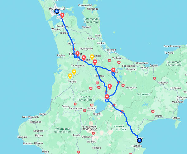 Auckland to Napier road trip map