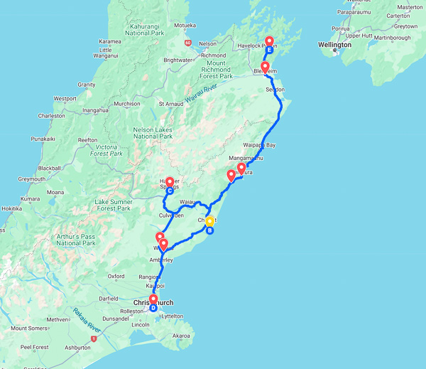 Picton to Christchurch road trip map