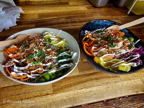 Our yummy gluten-free dinner from Kahakai Poke bowl in New Plymouth